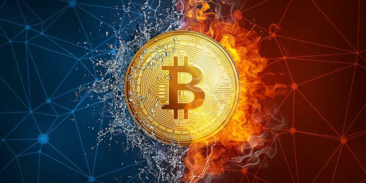 Symbolische Darstellung von Bitcoin und Steuererklärung mit Taschenrechner und digitalen Elementen auf modernem Schreibtisch