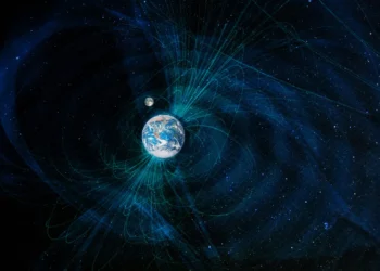 Visualisierung eines morphogenetischen Feldes als schwebende Energiestruktur mit modernen wissenschaftlichen Elementen