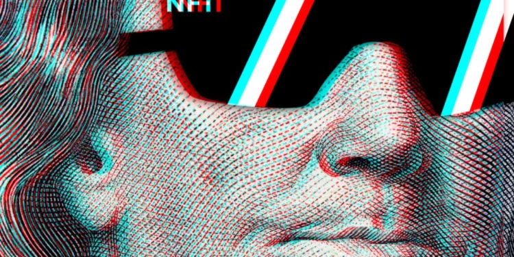 Visualisierung eines NFT Kunstwerks mit digitalen Elementen und Blockchain Symbolen als Einstieg in die NFT Welt