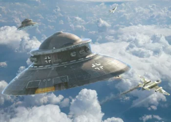 Historische Skizze einer scheibenförmigen Flugmaschine aus der Zeit des Zweiten Weltkriegs mit technischen Details