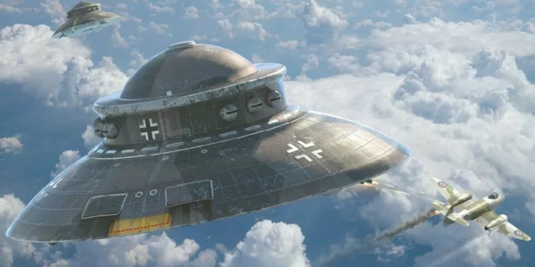 Historische Skizze einer scheibenförmigen Flugmaschine aus der Zeit des Zweiten Weltkriegs mit technischen Details