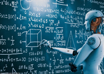 Futuristische Darstellung von KI-Anwendungen im Jahr 2025, zeigt fortschrittliche Roboter und holografische Displays