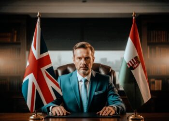 Mann in türkisem Anzug zwischen britischer und ungarischer Flagge – Symbolbild für Norbert Péter und das Hungarian Trading Ho