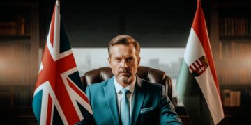 Mann in türkisem Anzug zwischen britischer und ungarischer Flagge – Symbolbild für Norbert Péter und das Hungarian Trading Ho