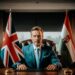 Mann in türkisem Anzug zwischen britischer und ungarischer Flagge – Symbolbild für Norbert Péter und das Hungarian Trading Ho