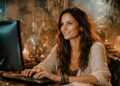 Frau am Computer in spirituellem Büro – Symbolbild für bewusste Finanzlösungen und Achtsamkeit