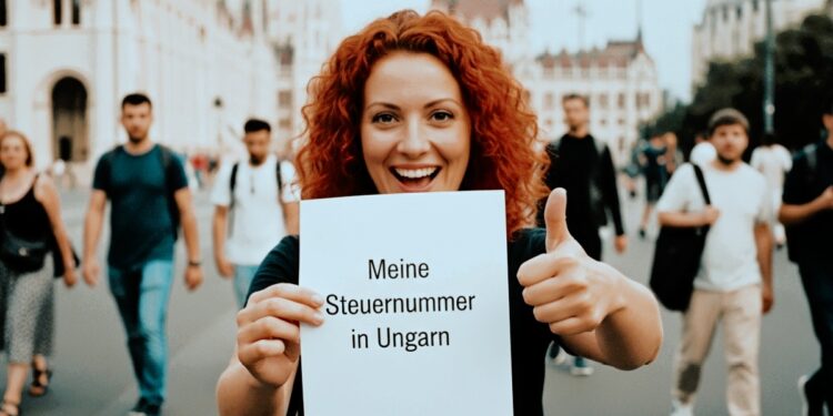Frau zeigt Dokument mit deutschem Text 'Meine Steuernummer in Ungarn' vor Budapester Parlamentsgebäude