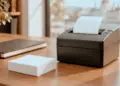 Schwarzer Quittungsdrucker mit leerem Papier auf einem Holztisch