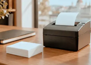 Schwarzer Quittungsdrucker mit leerem Papier auf einem Holztisch