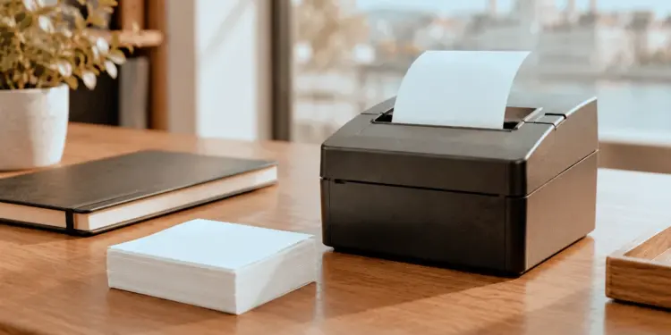E-Quittungen in Ungarn seit September 2026: Was eine Kft. jetzt prüfen sollte 1 Schwarzer Quittungsdrucker mit leerem Papier auf einem Holztisch